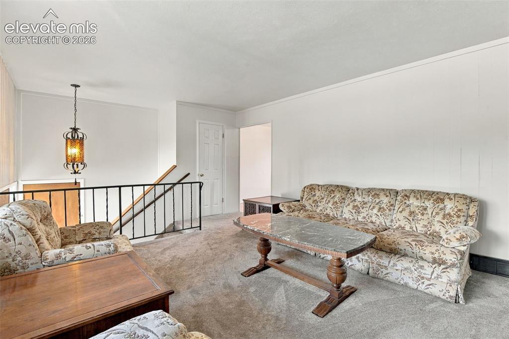 Image 14 of 42: Neutral-toned interior space featuring carpeted flooring, paneled walls, a