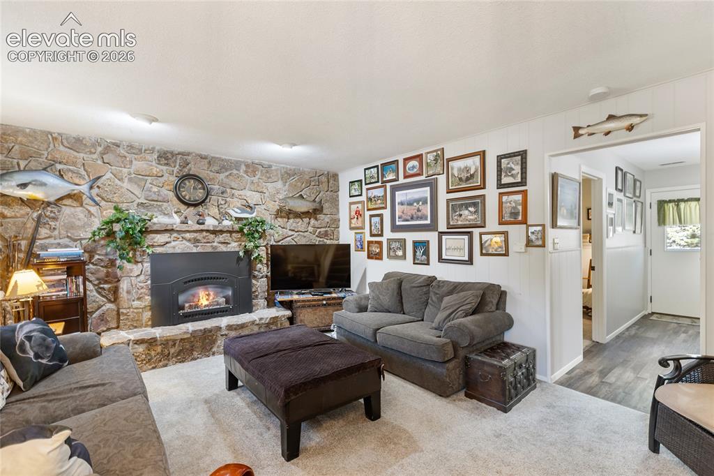 Image 19 of 39: Stone-clad fireplace with a hearth, carpeted flooring, white paneled wall a