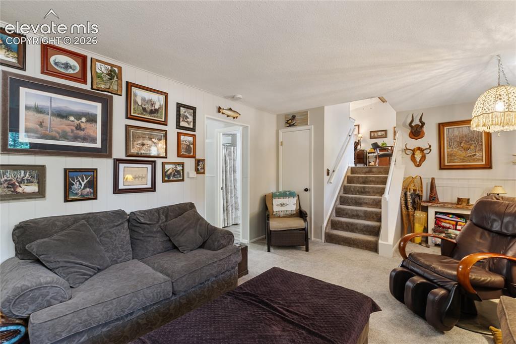 Image 22 of 39: Carpeted flooring extending to the staircase, featuring white paneled walls