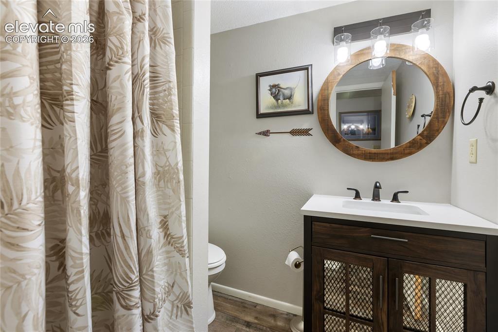 Image 26 of 39: Wood-finish flooring, a dark wood-finish vanity with mesh cabinet inserts, 