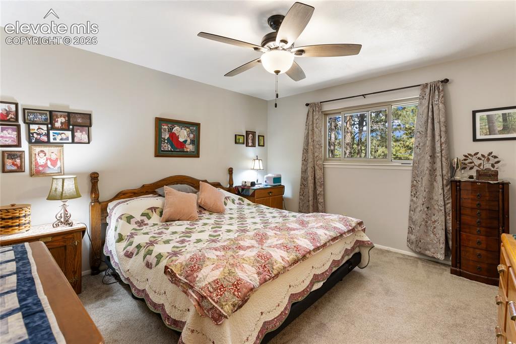 Image 28 of 39: Neutral wall color, ceiling fan with integrated lighting, window with exter