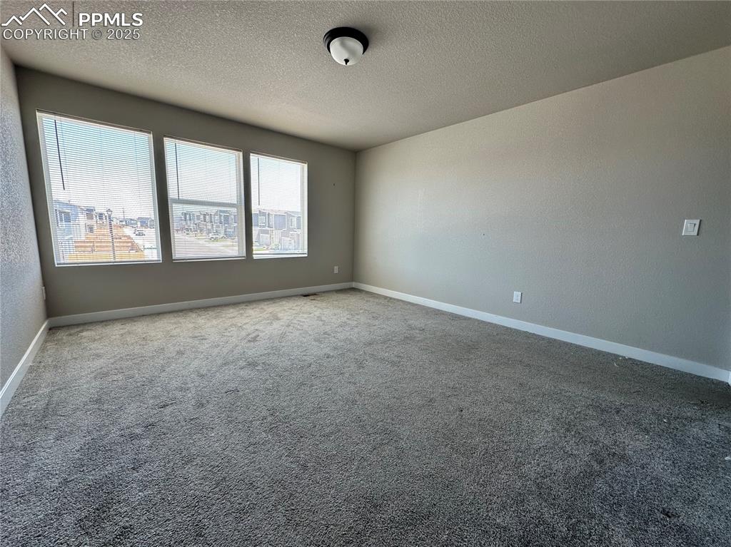 Image 12 of 19: Spare room featuring a textured ceiling and carpet flooring