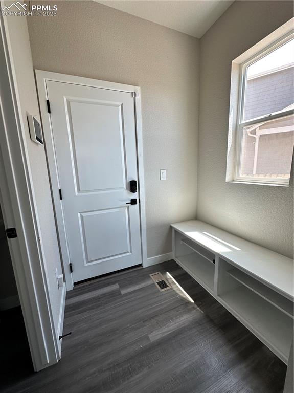 Image 9 of 19: Mudroom with dark wood-style floors and a textured wall