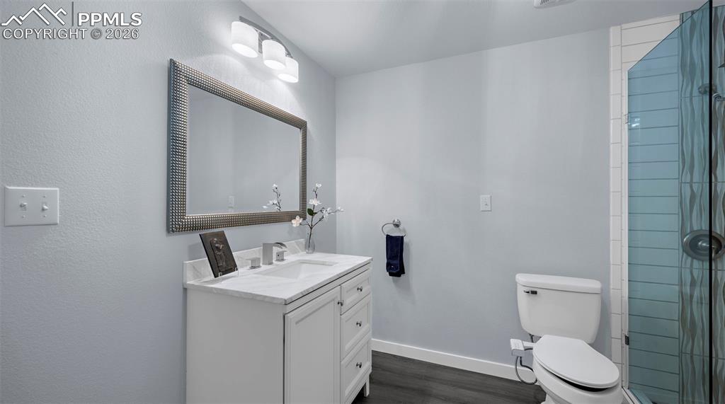 Image 27 of 43: Full bathroom featuring vanity, a shower stall, and dark wood-style floors