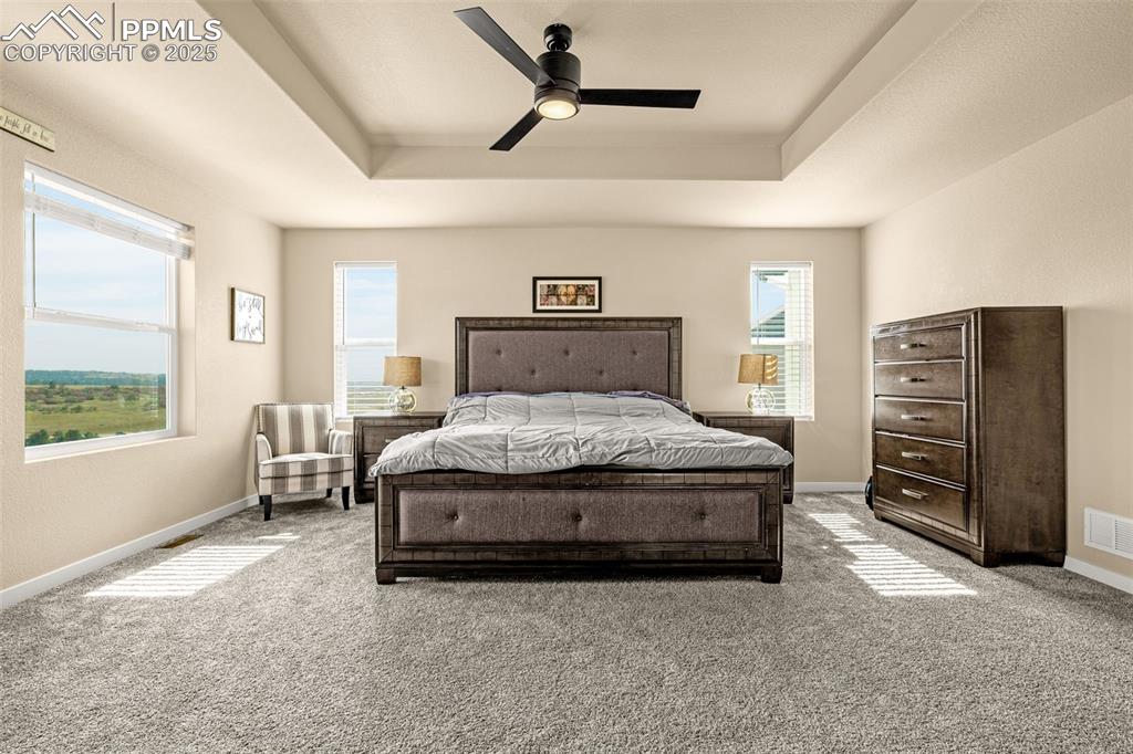 Image 9 of 46: Carpeted bedroom featuring a tray ceiling and ceiling fan