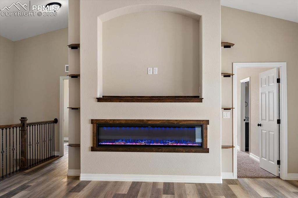 Image 10 of 45: Detailed view of wood finished floors and a glass covered fireplace