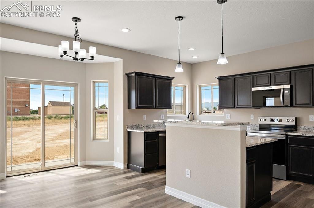Image 14 of 45: Kitchen featuring stainless steel appliances, light wood-type flooring, rec