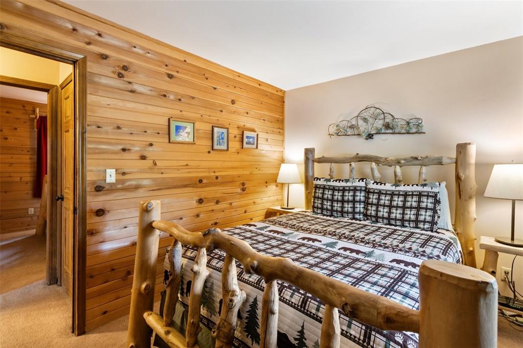 Image 19 of 36: Wood paneling, carpeted flooring, and a solid core door