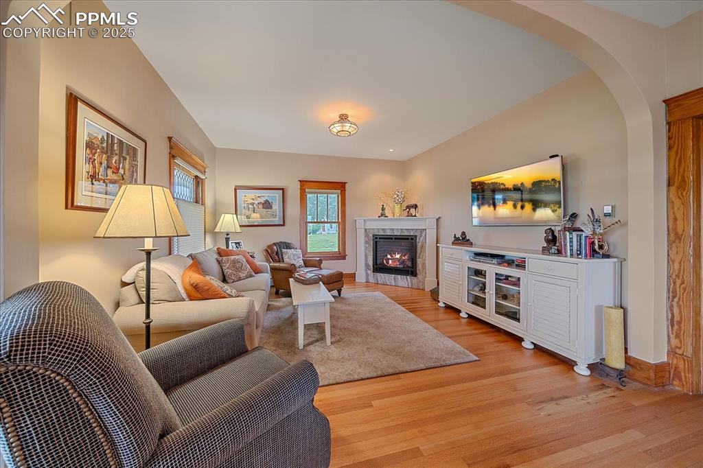 Image 14 of 44: Living room featuring light wood finished floors, arched walkways, and a hi