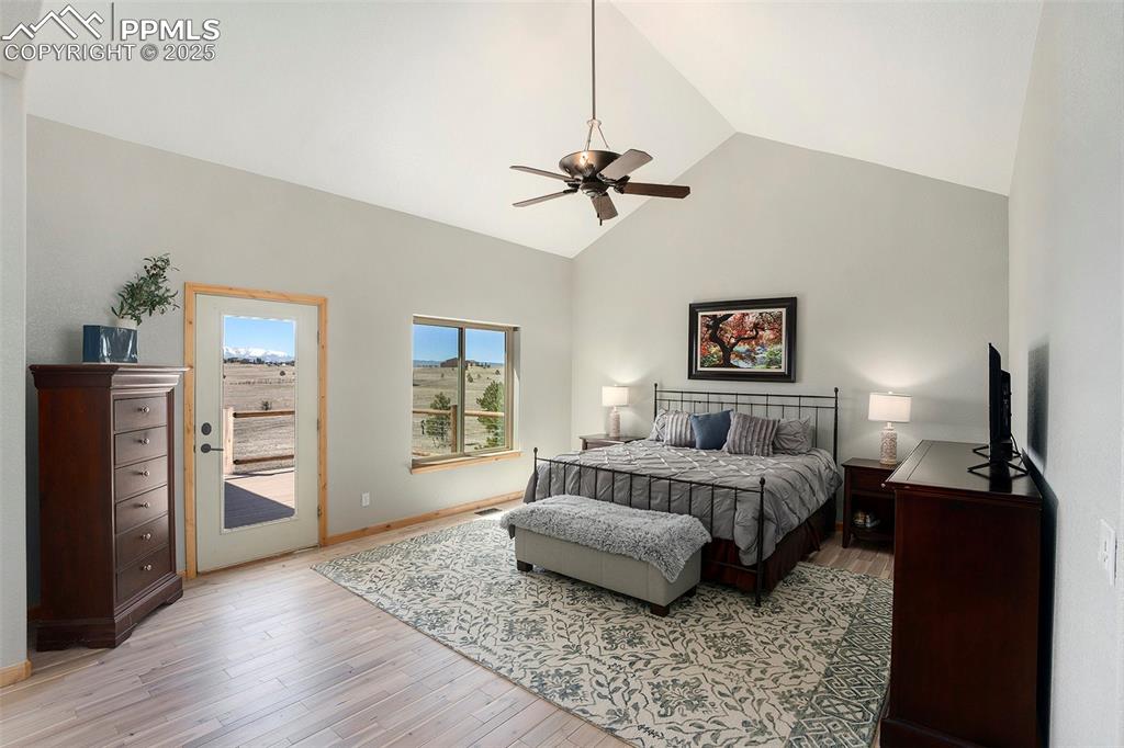 Image 15 of 47: Bedroom featuring light wood-style flooring, high vaulted ceiling, ceiling