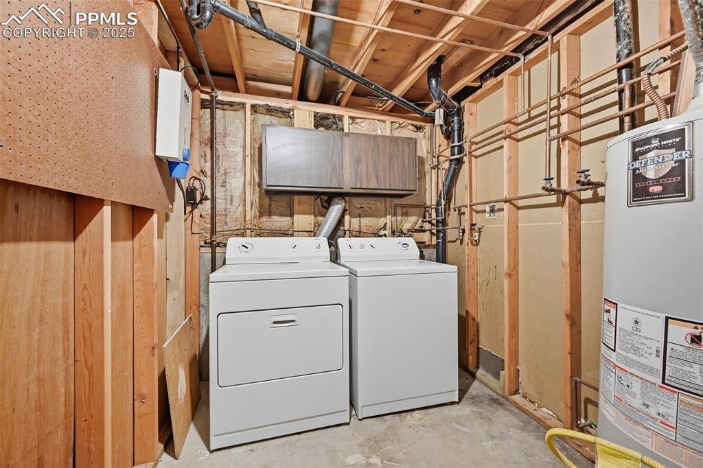 Image 18 of 29: Laundry area featuring unfinished concrete flooring, gas water heater, and