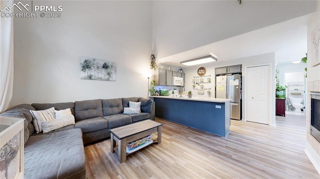 Image 4 of 37: Living room featuring light wood-style floors and a high ceiling