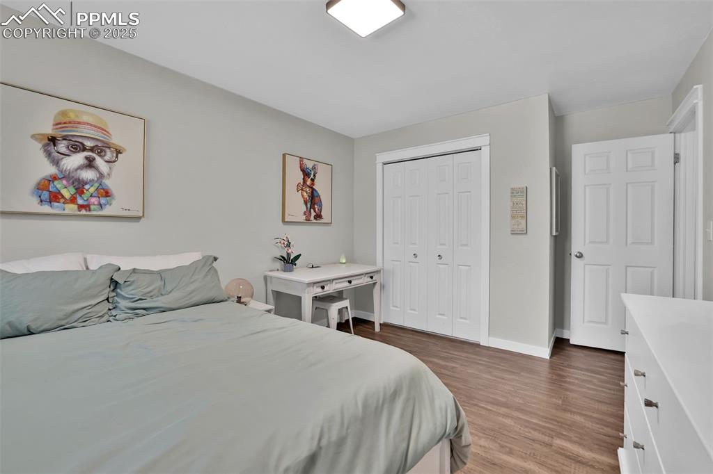 Image 30 of 50: Bedroom featuring dark wood-style flooring and a closet