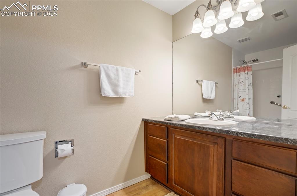 Image 34 of 43: Bathroom with vanity, light wood-type flooring, and a shower with shower cu