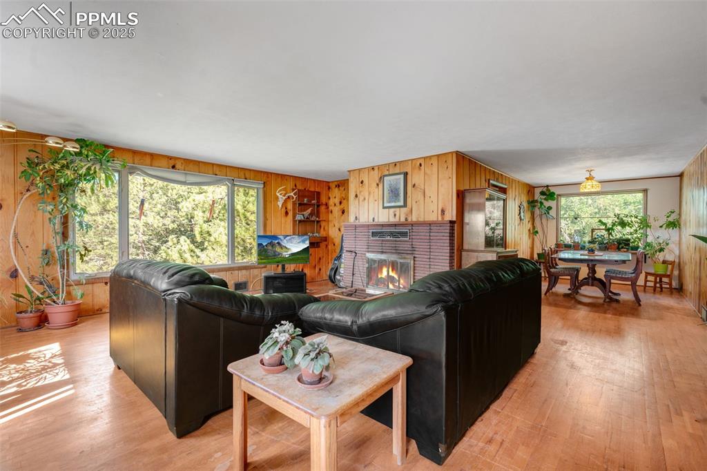 Image 3 of 50: Living room featuring large front window, paneled walls, a wood burning fir
