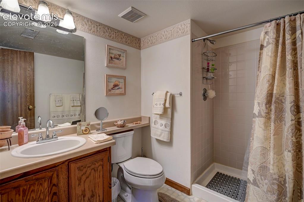 Image 34 of 50: Bathroom with shower in the basement area.