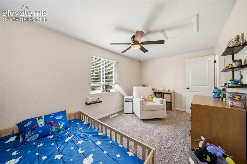 Image 24 of 39: Bright room featuring light-toned walls, textured carpet flooring, and a ce