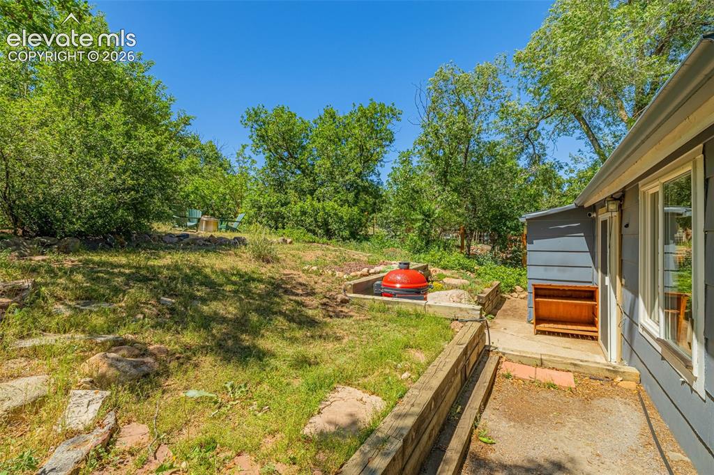 Image 16 of 21: Expansive outdoor area featuring a built-in grill station, mature trees, an