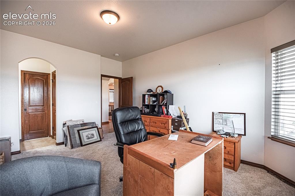 Image 20 of 50: Carpeted interior space featuring an arched doorway with wood-finish door,