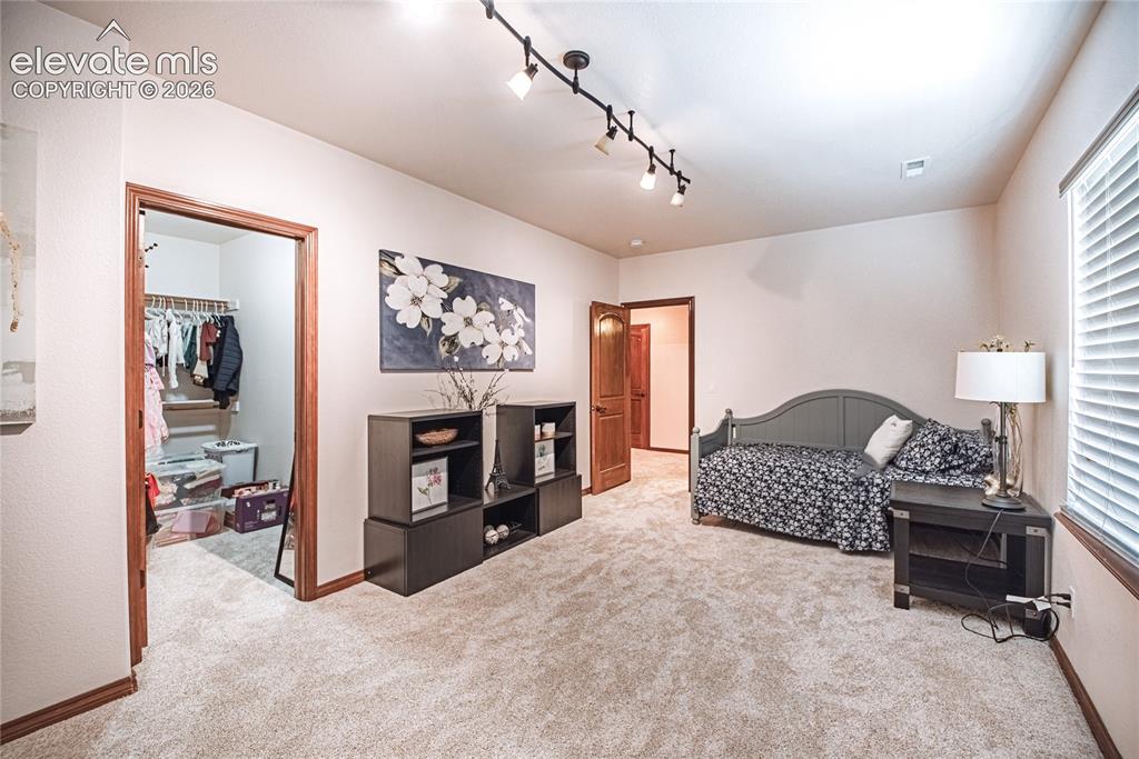 Image 34 of 50: Spacious room featuring neutral carpeting, wood-trimmed doorways, a walk-in