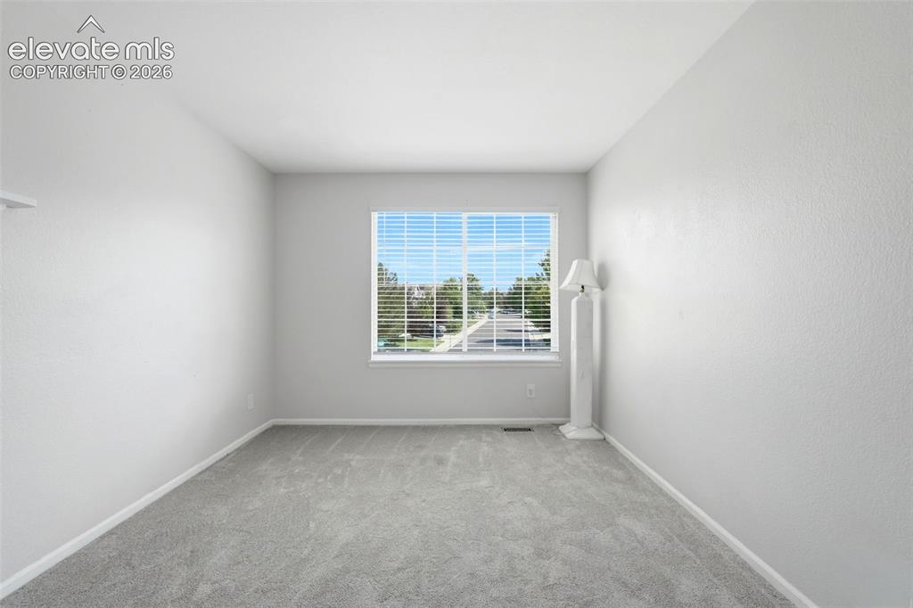 Image 27 of 43: Spacious room with light gray carpeting, neutral wall finishes, and a large