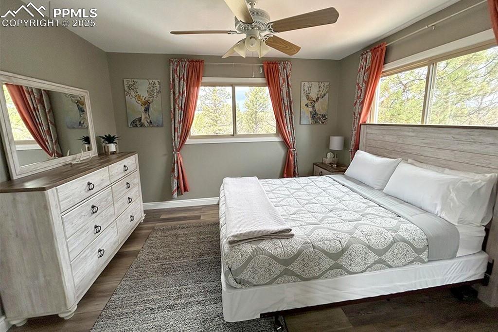 Image 16 of 50: Bedroom with dark wood finished floors and ceiling fan