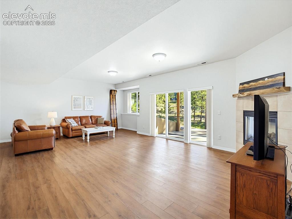 Image 30 of 48: Lower level living room with fireplace