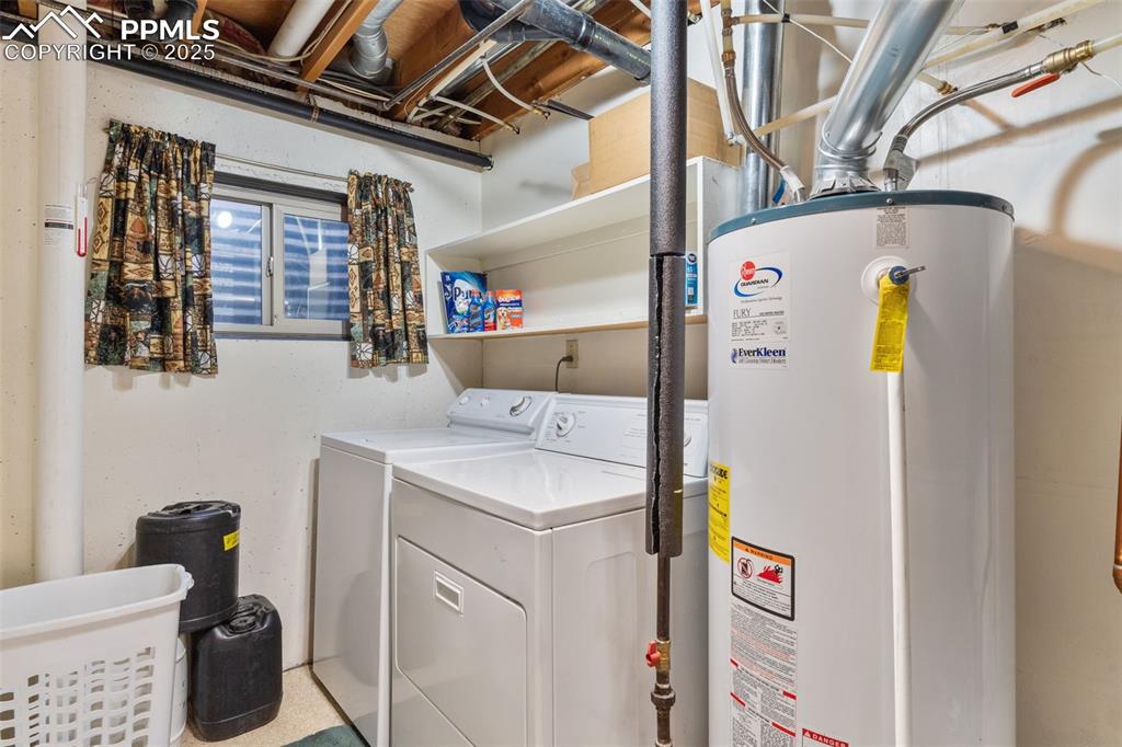 Image 29 of 35: Laundry room featuring water heater and washing machine and clothes dryer