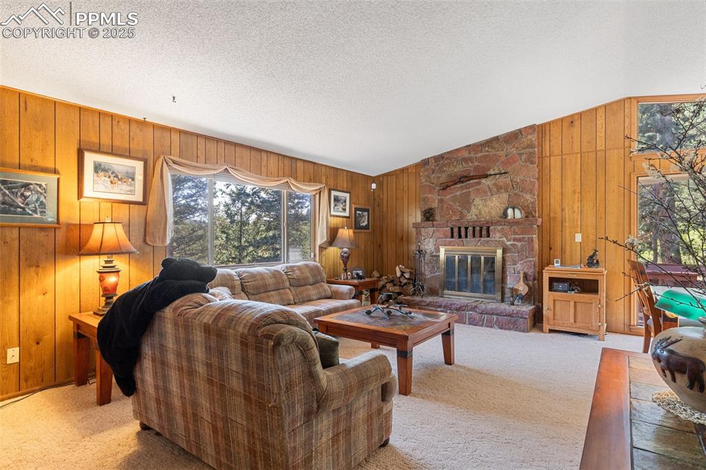 Image 5 of 35: Carpeted living area featuring wood walls, a stone fireplace, a textured ce