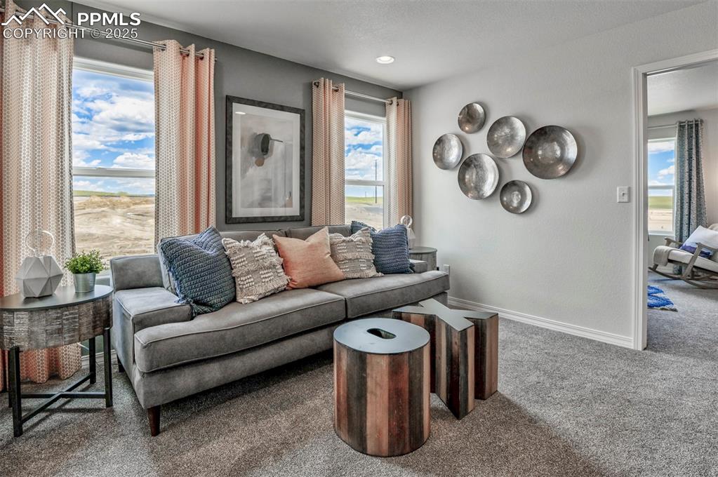 Image 15 of 35: Carpeted living area featuring baseboards and recessed lighting