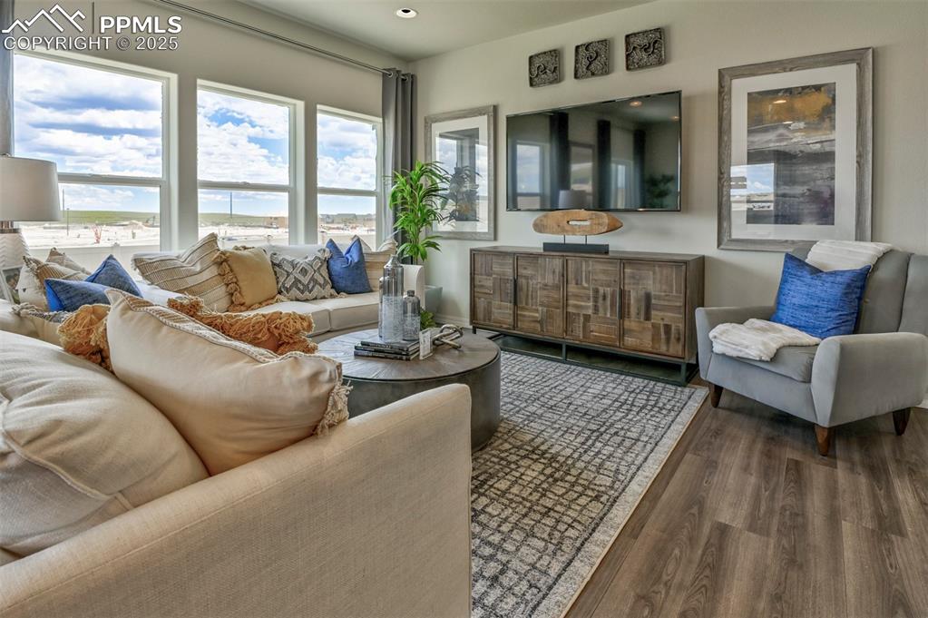 Image 24 of 35: Living area with wood finished floors and recessed lighting