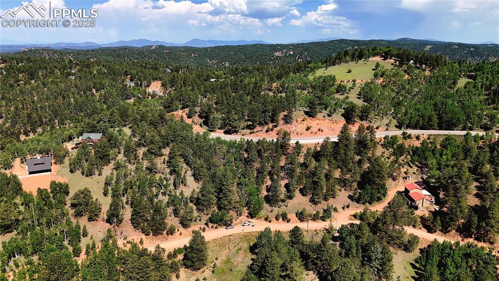 Image 10 of 11: Aerial view of a mountainous background and a heavily wooded area