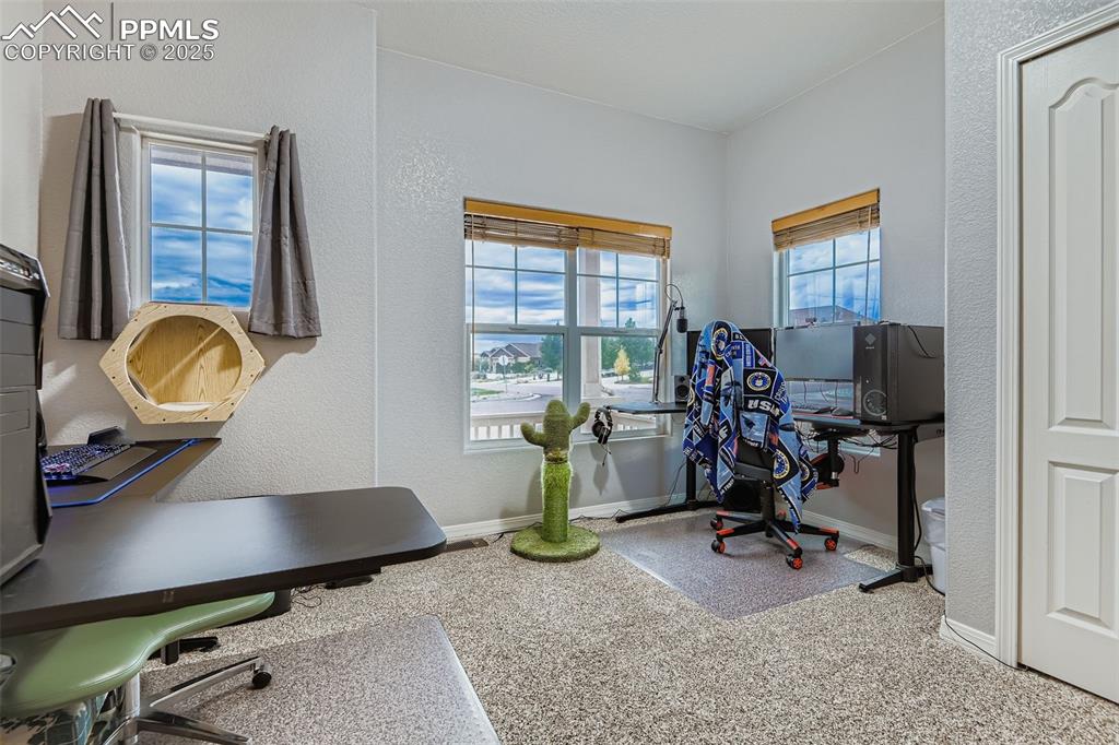 Image 16 of 28: Office area featuring a textured wall and carpet flooring