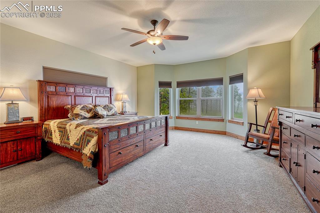 Image 20 of 43: Carpeted bedroom with baseboards and a ceiling fan