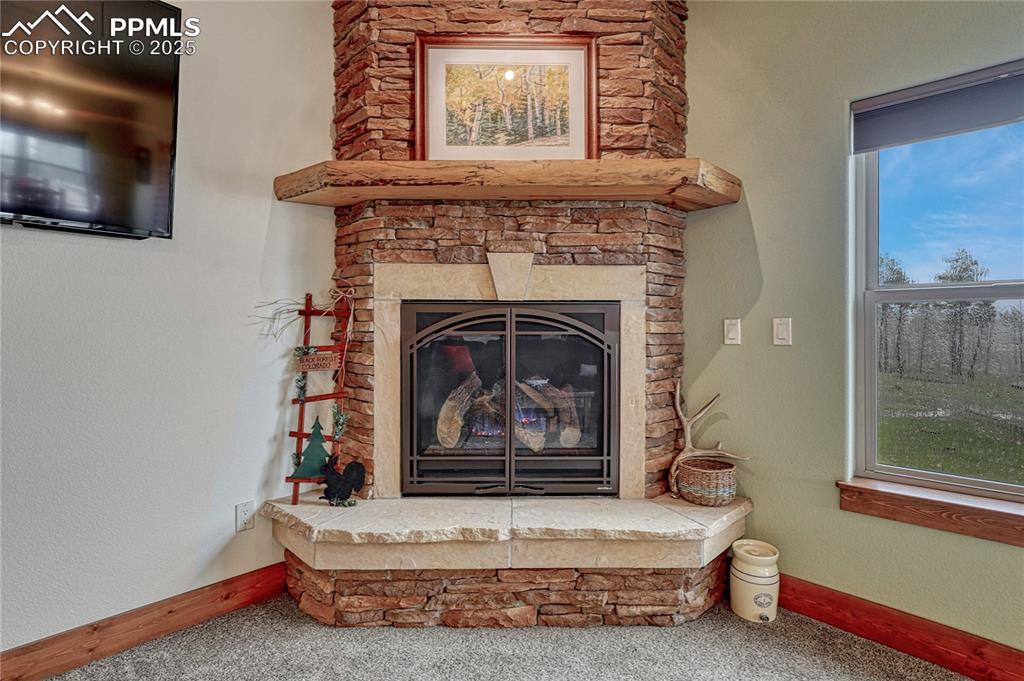 Image 9 of 43: Detailed view of carpet, baseboards, and a fireplace