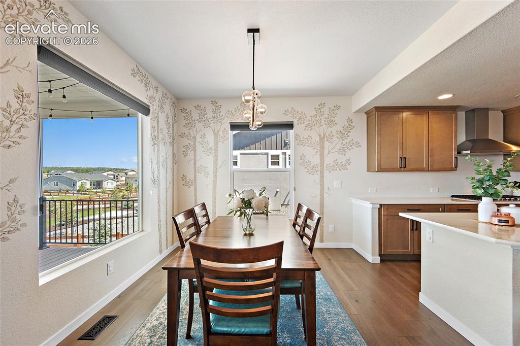 Image 11 of 47: Expansive window, wood-finish flooring, contemporary pendant lighting, kitc