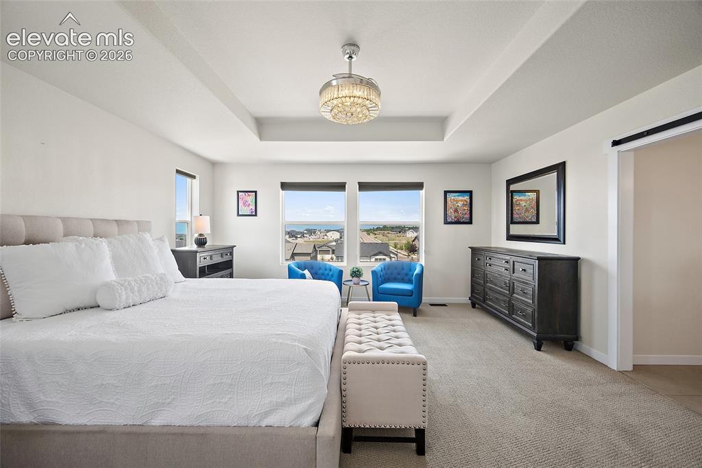 Image 19 of 47: Tray ceiling with a decorative chandelier, dual windows, and carpeted floor