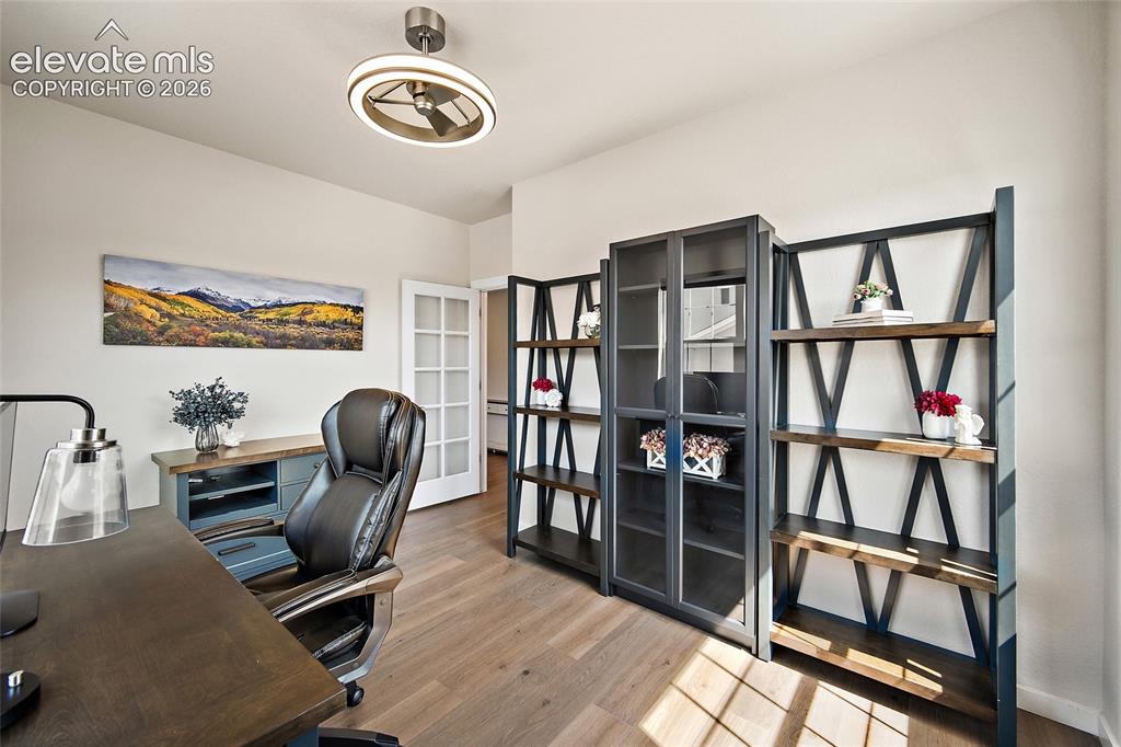 Image 8 of 47: Wood-finish flooring, white paneled French doors, built-in shelving, glass-