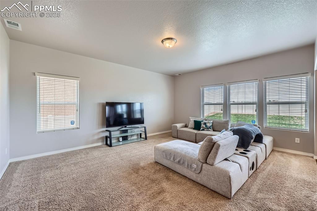 Image 5 of 29: Living area with carpet, baseboards, and a textured ceiling