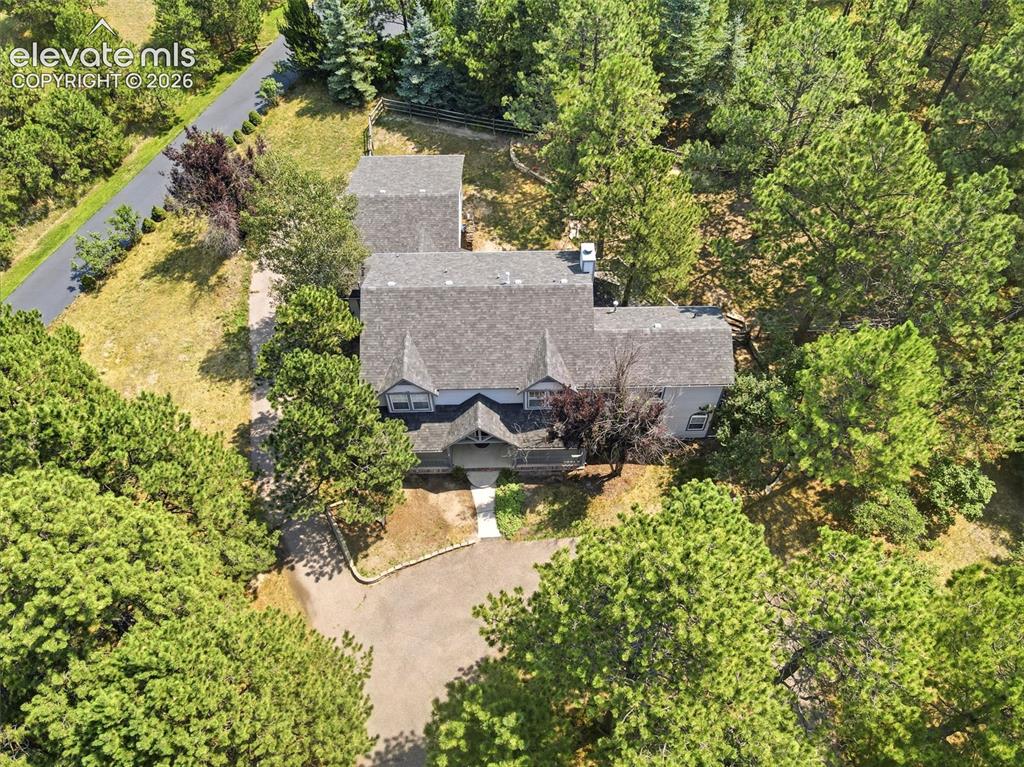 Image 1 of 44: Gabled roofline with dormer windows, surrounded by mature evergreen trees
