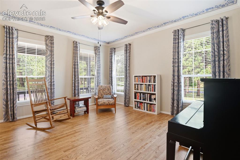 Image 5 of 40: Crown molding, newer flooring and ceiling fan.