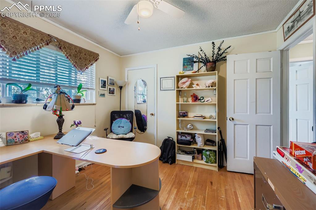 Image 13 of 23: Office featuring light wood-style floors, ornamental molding, a textured ce