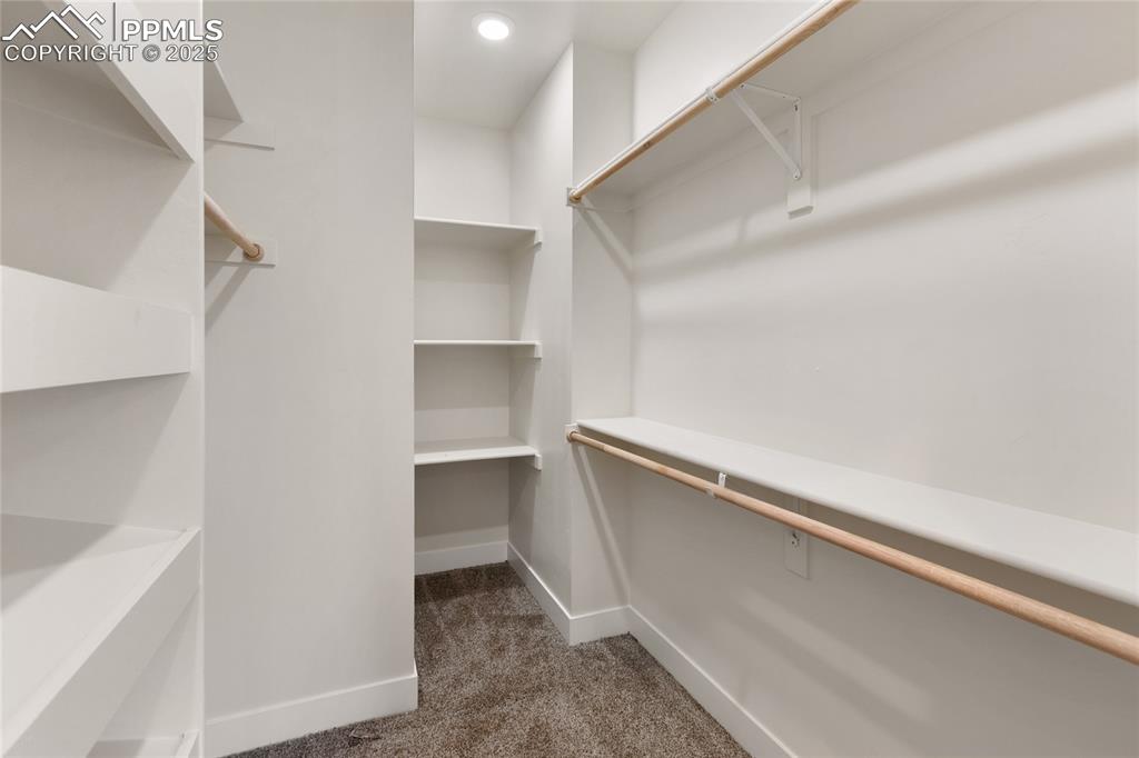 Image 19 of 38: Spacious closet with dark carpet