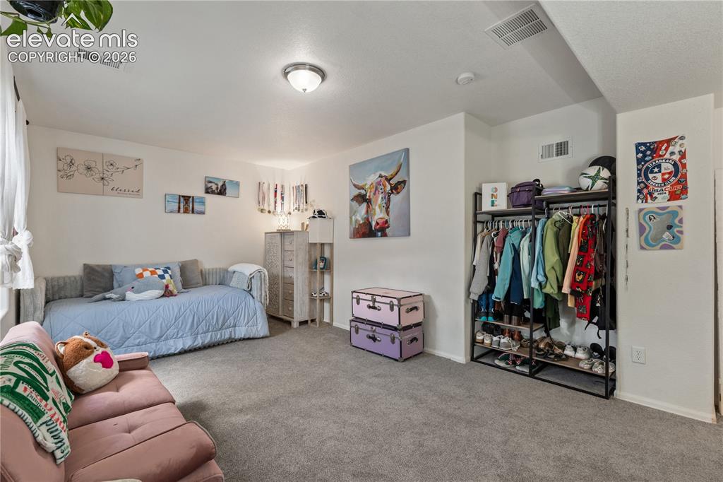 Image 32 of 41: Bedroom featuring a double-hung window with blue curtains, gray carpeting,