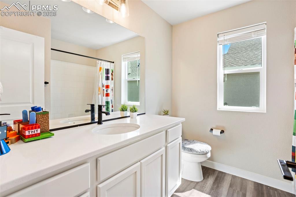 Image 28 of 41: Bathroom with dark wood-style floors, vanity, and healthy amount of natural