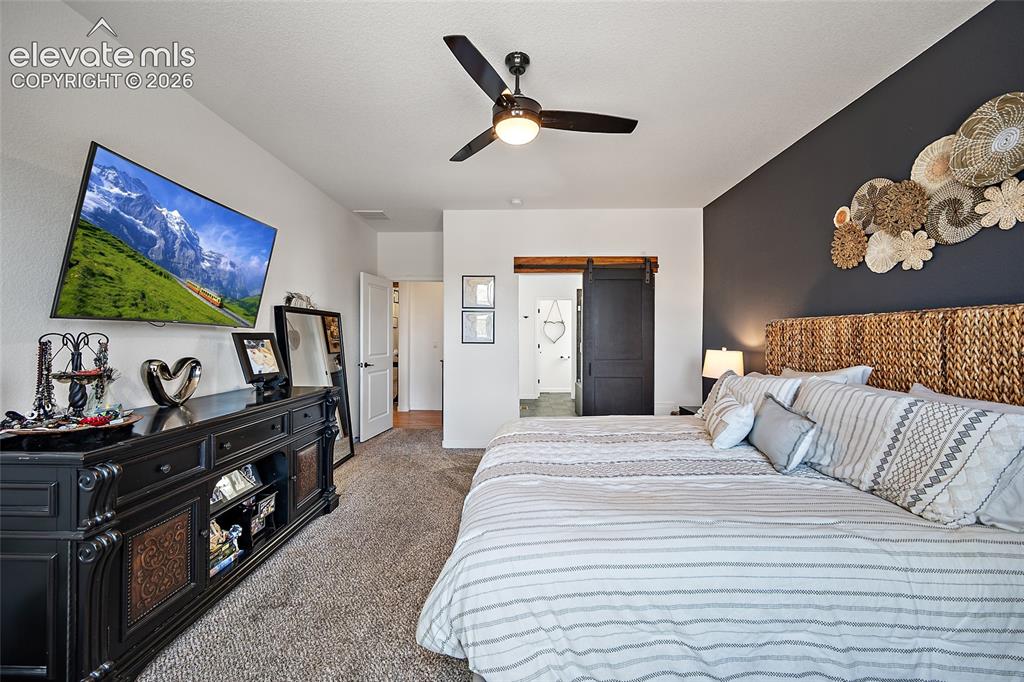 Image 16 of 46: Spacious room featuring a dark accent wall and light-colored carpeting