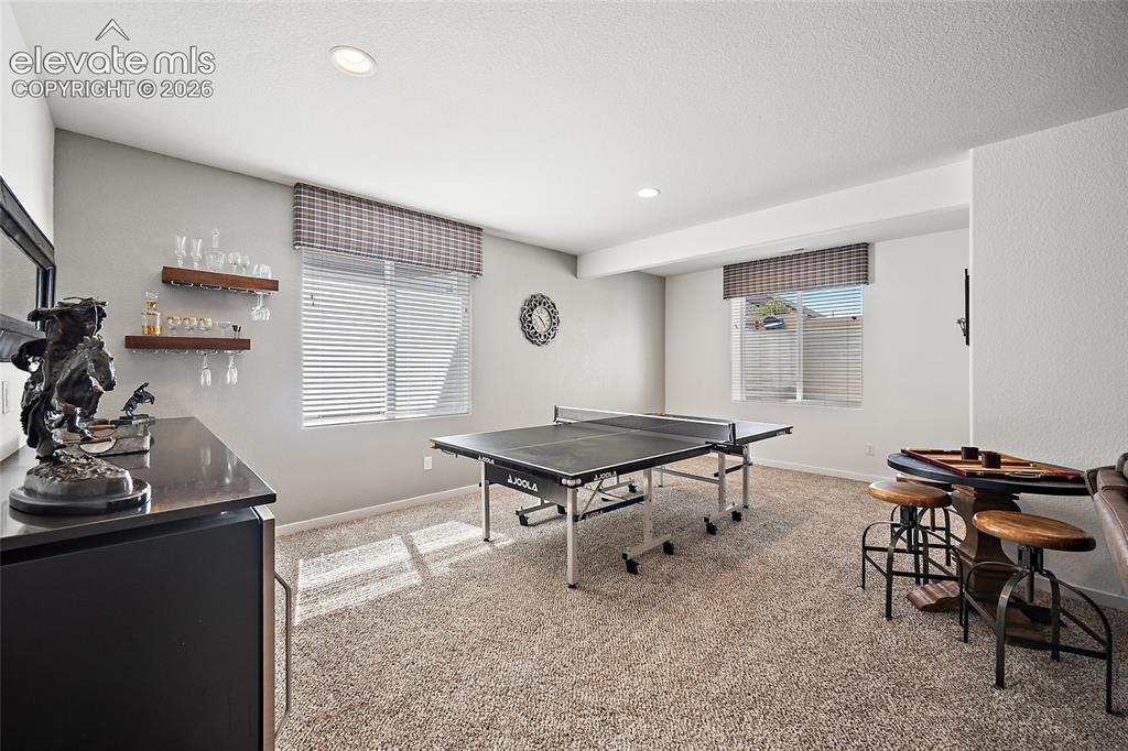 Image 29 of 46: Carpeted recreation room featuring recessed lighting, two windows with blin