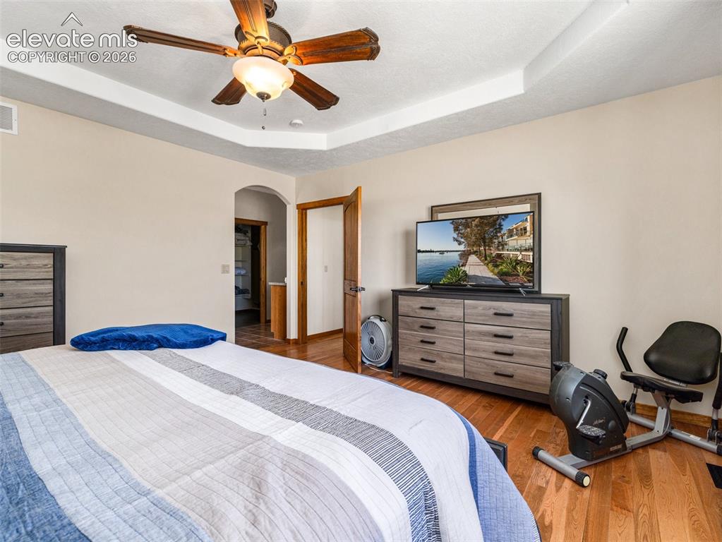 Image 20 of 44: Tray ceiling with a ceiling fan and integrated lighting