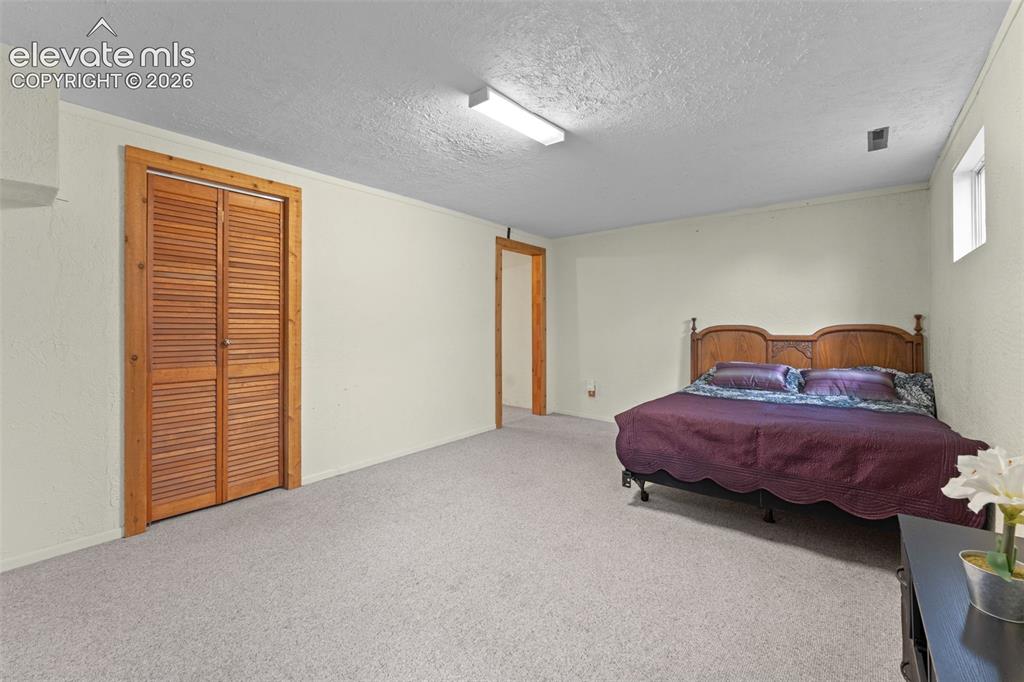 Image 33 of 50: Spacious room with light-colored carpeting, wood-frame louvered bi-fold clo