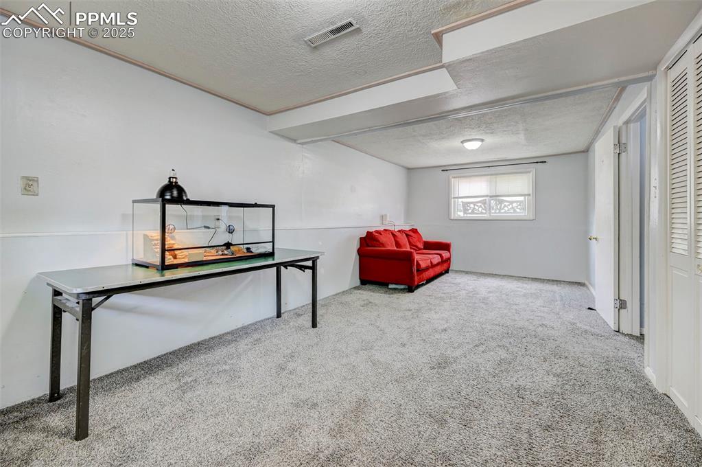 Image 25 of 30: Sitting room featuring carpet flooring and a textured ceiling